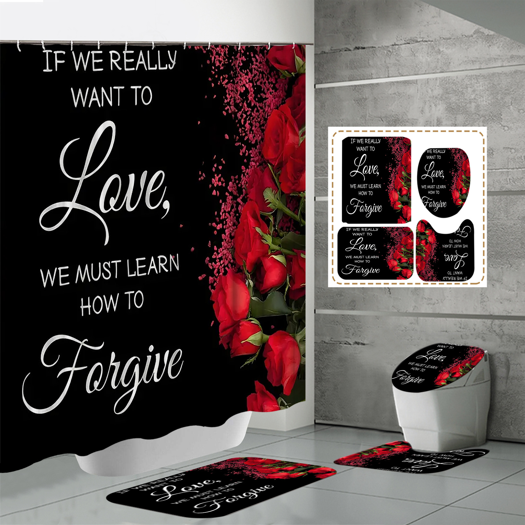 Rose negra cortina de baño de día de San Valentín impermeable a prueba de agua de acero de sombra cortina de baño plegable impermeable de secado rápido decoración romántica