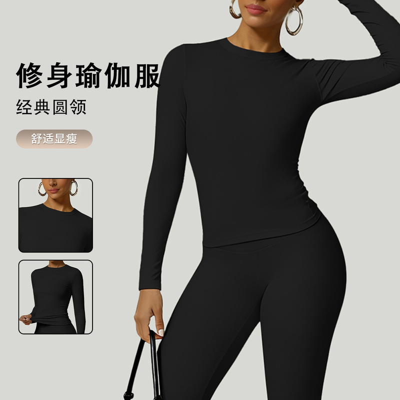 Cross-Border Hot-Selling Round-Neck Slim-Fit Yoga Wear, Long-Sleeved Sweat-Absorbent Quick-Drying Sports Training Wear, Basic Elastic Fitness Wear