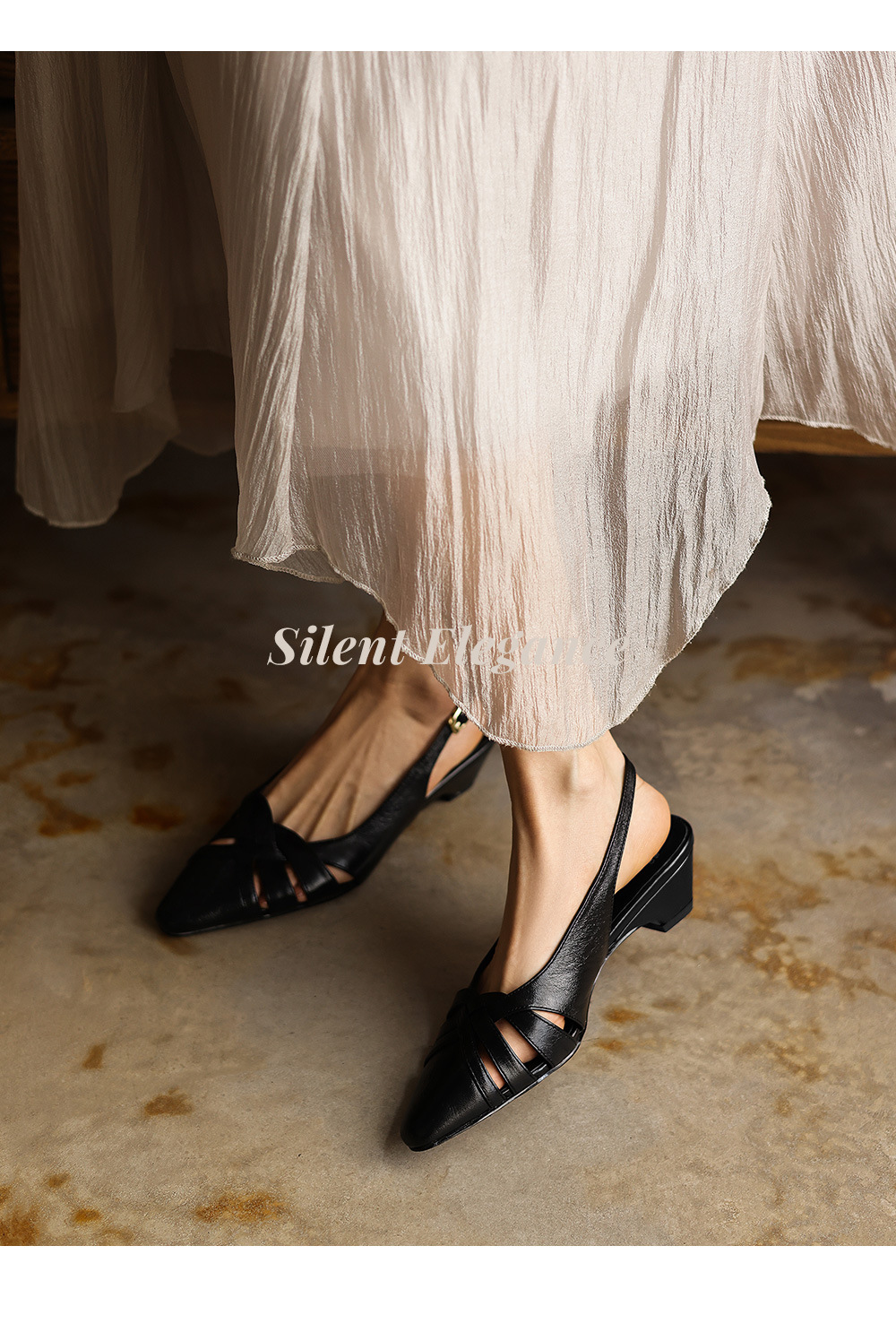 Sandal nữ da cừu gót dày 3 cm phong cách vintage dệt chéo hở mũi — đen chi tiết 3