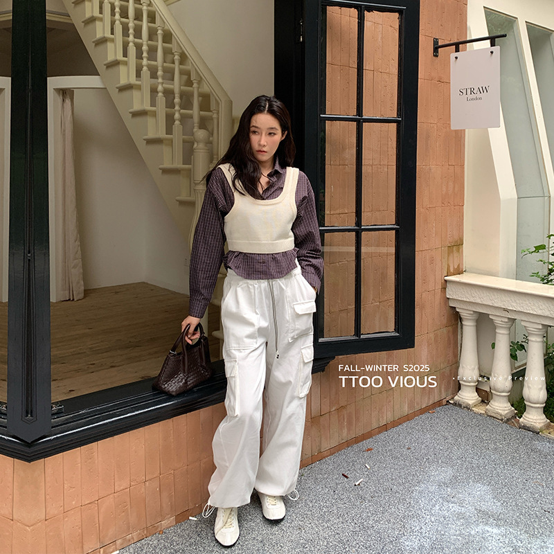 TTOO VOUIS休闲知性文艺风毛织外传背心细格纹长袖衬衫两件套女|undefined