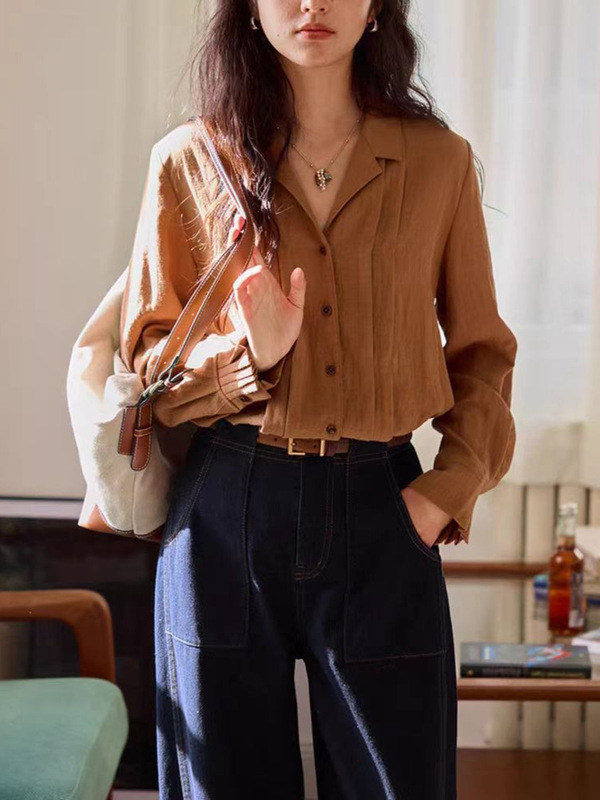 solighte 法式古巴领长袖衬衫女秋季垂感衬衣|undefined