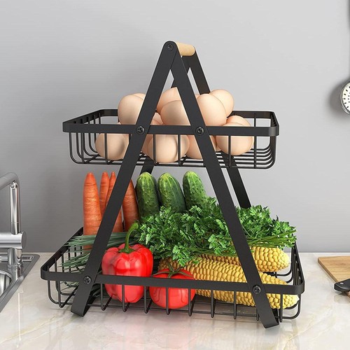 Detachable assembly double-layer storage convenient wooden handle fruit basket wrought iron kitchen storage living room storage basket