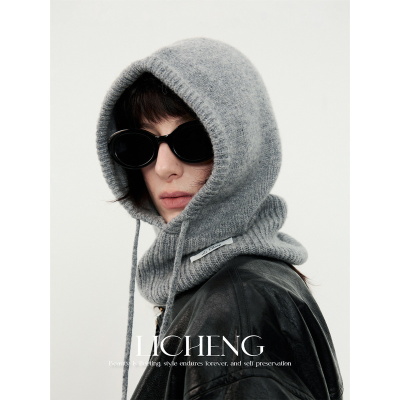 Korean Single 100% Wool Hooded One-Piece Knitted Hat Women's Ear Protection Pullover Hat Autumn and Winter Warm Balaclava