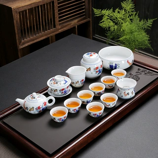 功夫泡茶具套装陶瓷家用斗彩鸡缸杯茶壶客厅工夫复古骨瓷风格