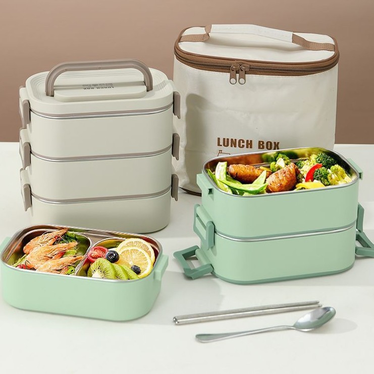 caja de almuerzo de acero inoxidable aislante portátil multicapa especial para estudiantes de oficina calentamiento de microondas