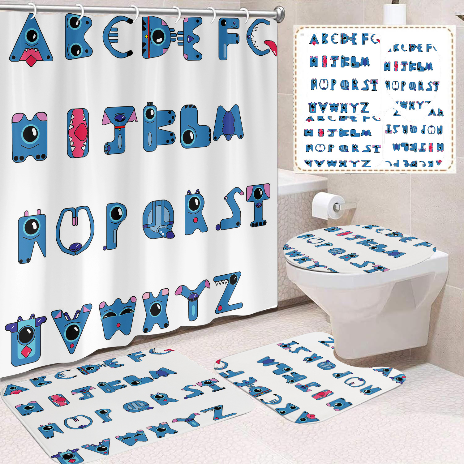 Venta directa de fábrica lindo baño de dibujos animados de cuatro piezas cortina de ducha impermeable cortina de ducha sin perforación cortina de partición de baño de baño