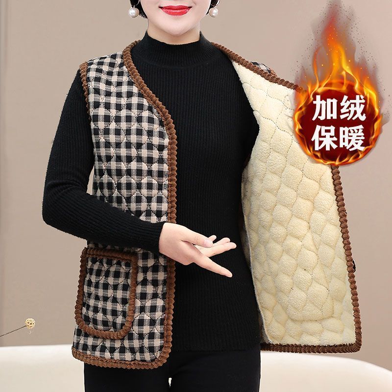 Middle-Aged and Elderly Women's Autumn and Winter Small Fragrant Cotton Vest Tops, Mother's Vests, Fleece-Lined Large Size Vest Jackets