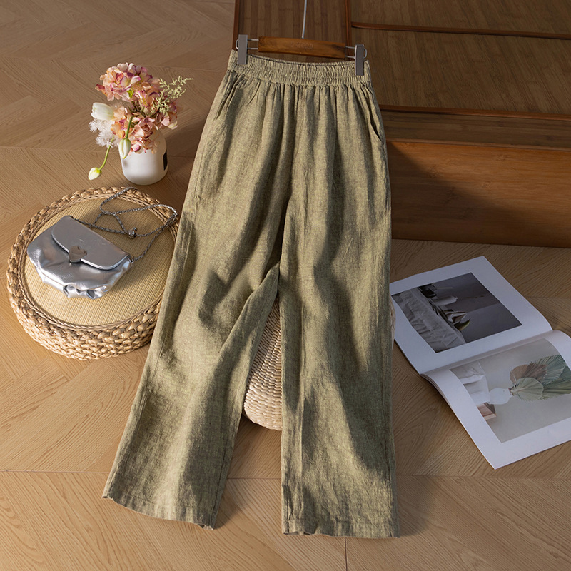 2025 Summer Large Size Easiest for Match Cotton and Linen Wide Leg Pants Loose Literary Retro Women's Elastic Waist Nine-Point Pants 2025 Summer Large Size Easiest for Match Cotton and Linen Wide Leg Pants Loose Literary Retro Women's Elastic Waist Nine-Point Pants
