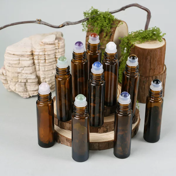 Natural Crystal Roller Ball Essential Oil Bottle 10ml Amber Light-Proof Glass Dispensing Bottle Perfume Dispensing Roller Ball Bottle