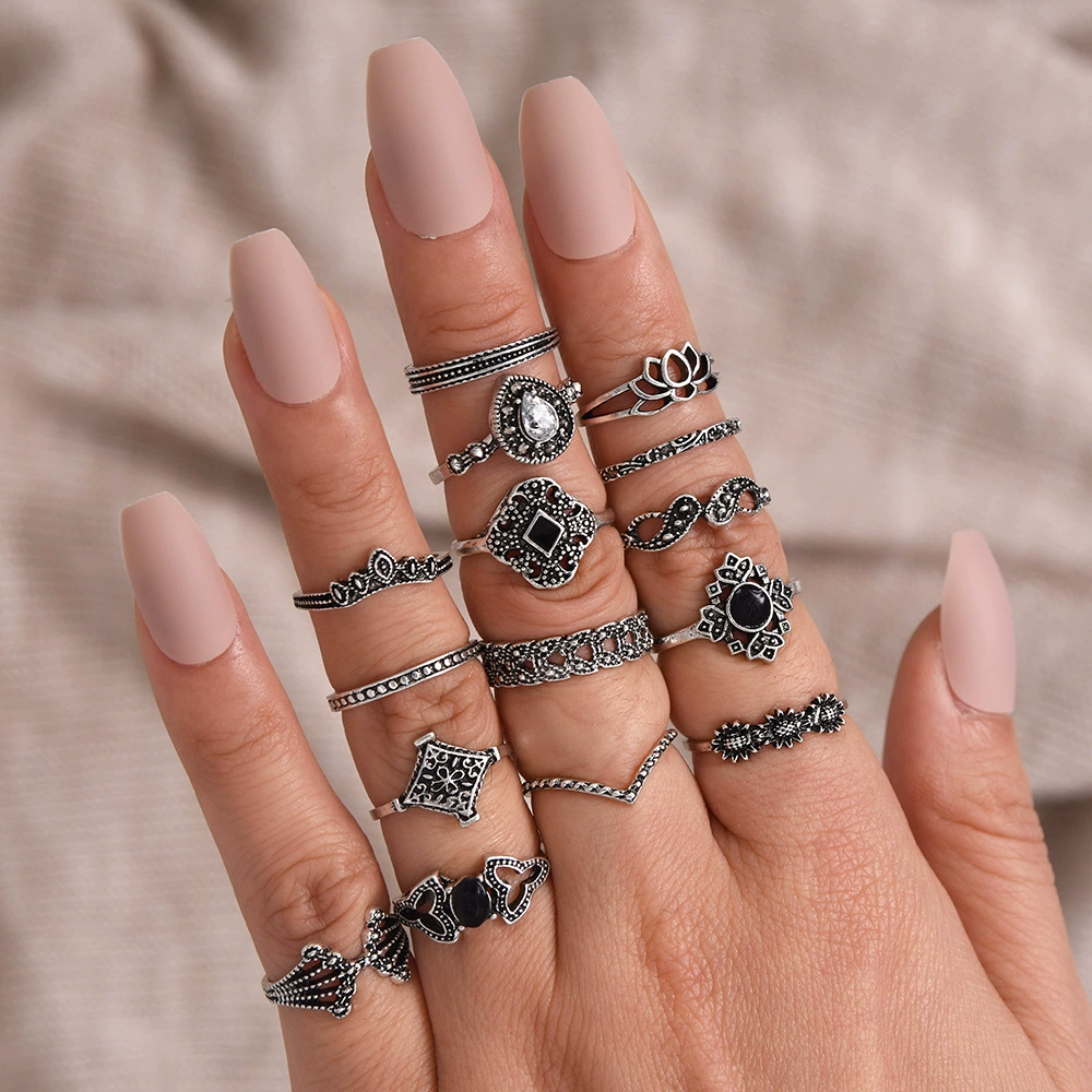 Ring set, retro drop-shaped 15 pcs, adjustable mixed vintage styles (one size)
