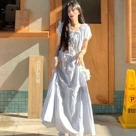 温柔风荷叶边领系带收腰连衣裙子女夏季新款宽松显瘦甜美长裙