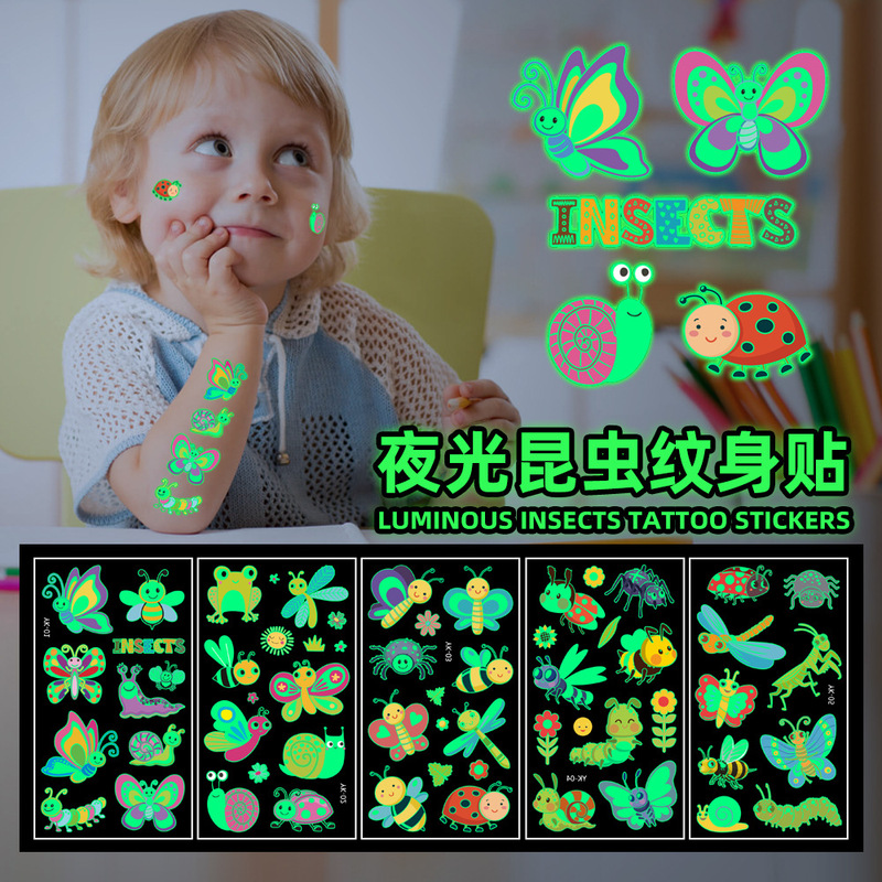 In stock wholesale insect luminous tattoo stickers children cartoon temporary fake tattoo stickers waterproof sweat-proof tattoo