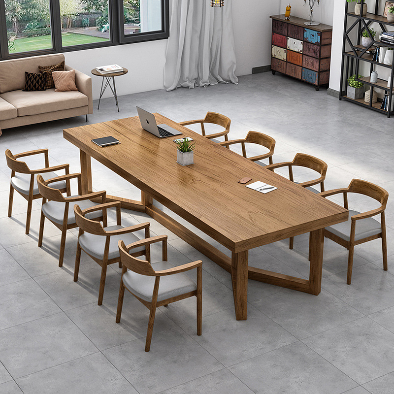 Nordic Solid Wood Desk Company Staff Training Large Long Strip Multi-Person Office Meeting Table and Chair Combination