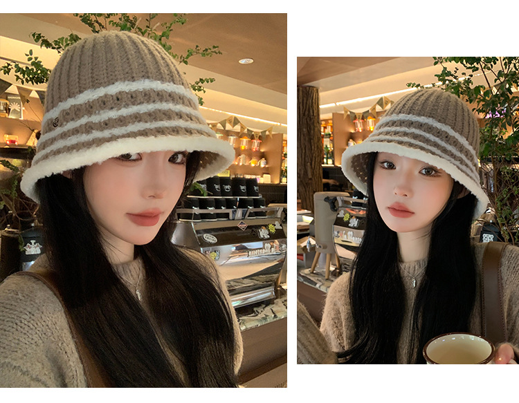 Autunno e inverno nuovo cappello coreano a righe lavorato a maglia con viso piccolo a secchiello per esterni in lana lavorata a maglia calda e alla moda_voghion.com