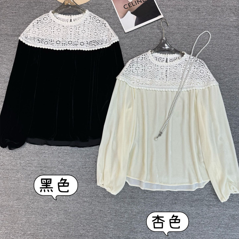 P290320Yk11.21 New Autumn and Winter French Silk Velvet Shirt Cut Out Crochet Stitching Shirt