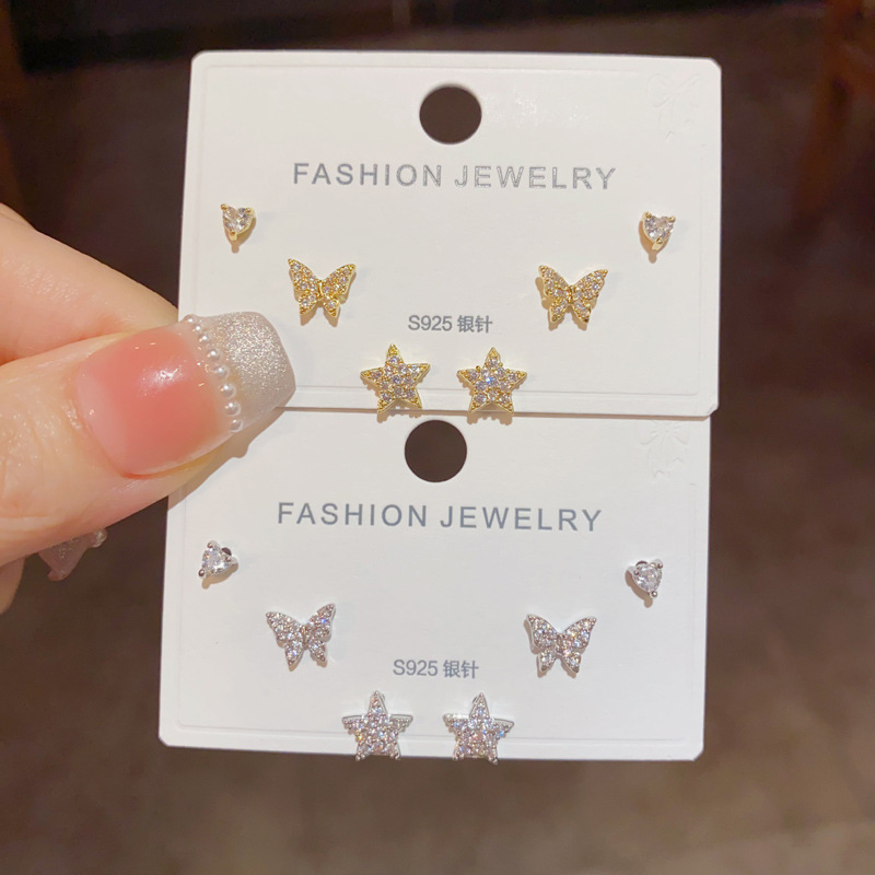 10g Weight 1 Set Simple Style Star Butterfly Copper Zircon Vacuum Plating 14K Real Gold Plated Women's Ear Studs