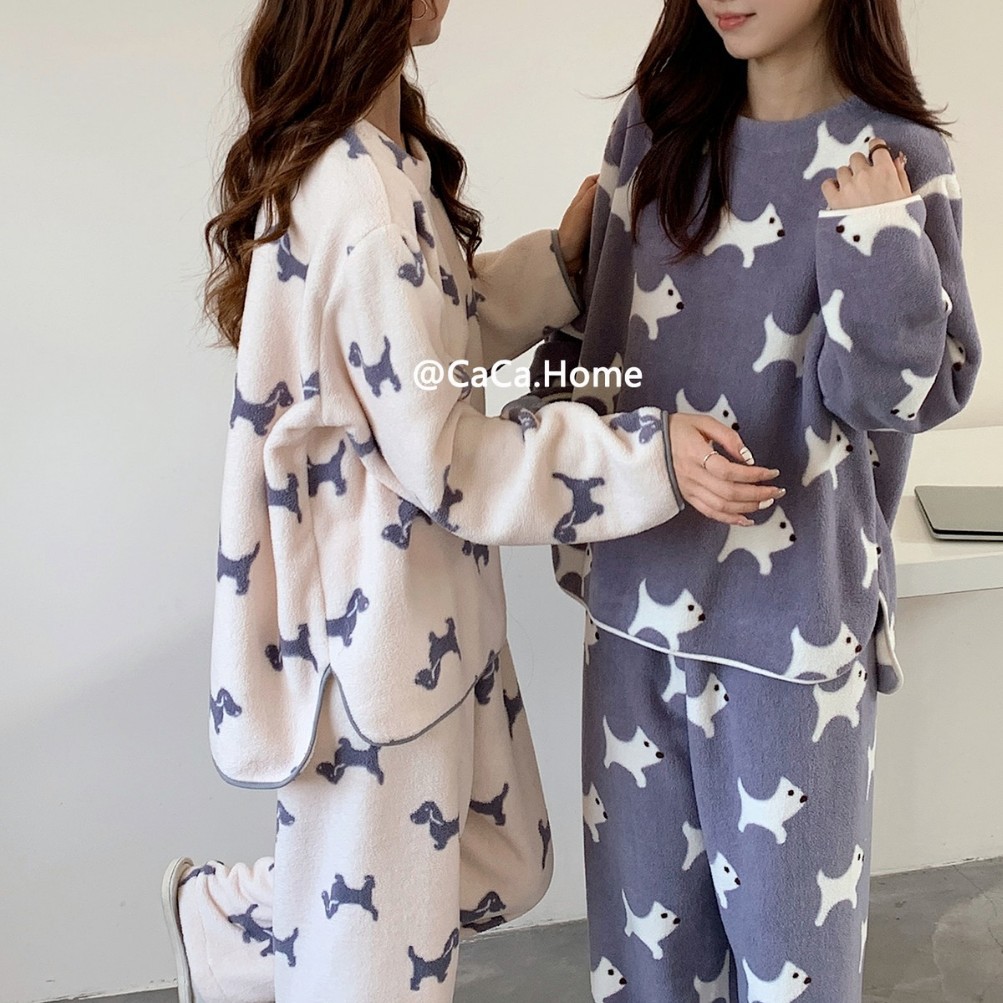 1112秋冬新款加绒睡衣女套装长袖保暖圆领甜美家居服可外穿二件套
