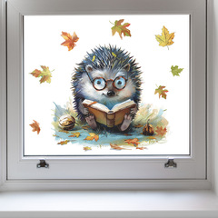 新款fun-f135卡通看書小刺蝟玻璃門窗家居美化裝飾窗貼批發uv