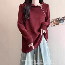 秋冬新款韩版侧拉链纯色高领女士加厚宽松显瘦通勤针织衫毛衣女装
