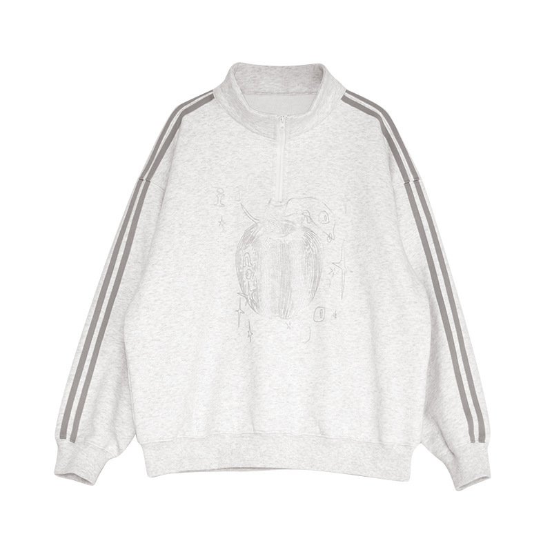 Versatile Outerwear for Spring and Autumn, Original Design with Apple Lines, Silver Foil Flocking, Stand-Up Collar, Zip-Up Pullover Sweatshirt Versatile Outerwear for Spring and Autumn, Original Design with Apple Lines, Silver Foil Flocking, Stand-Up Collar, Zip-Up Pullover Sweatshirt