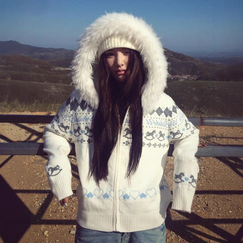 Fair Isle White Fur Collar Hooded Sweater Jacket for Women Autumn and Winter New Lazy Style Loose Cardigan Cross-Border Knitwear Fair Isle White Fur Collar Hooded Sweater Jacket for Women Autumn and Winter New Lazy Style Loose Cardigan Cross-Border Knitwear