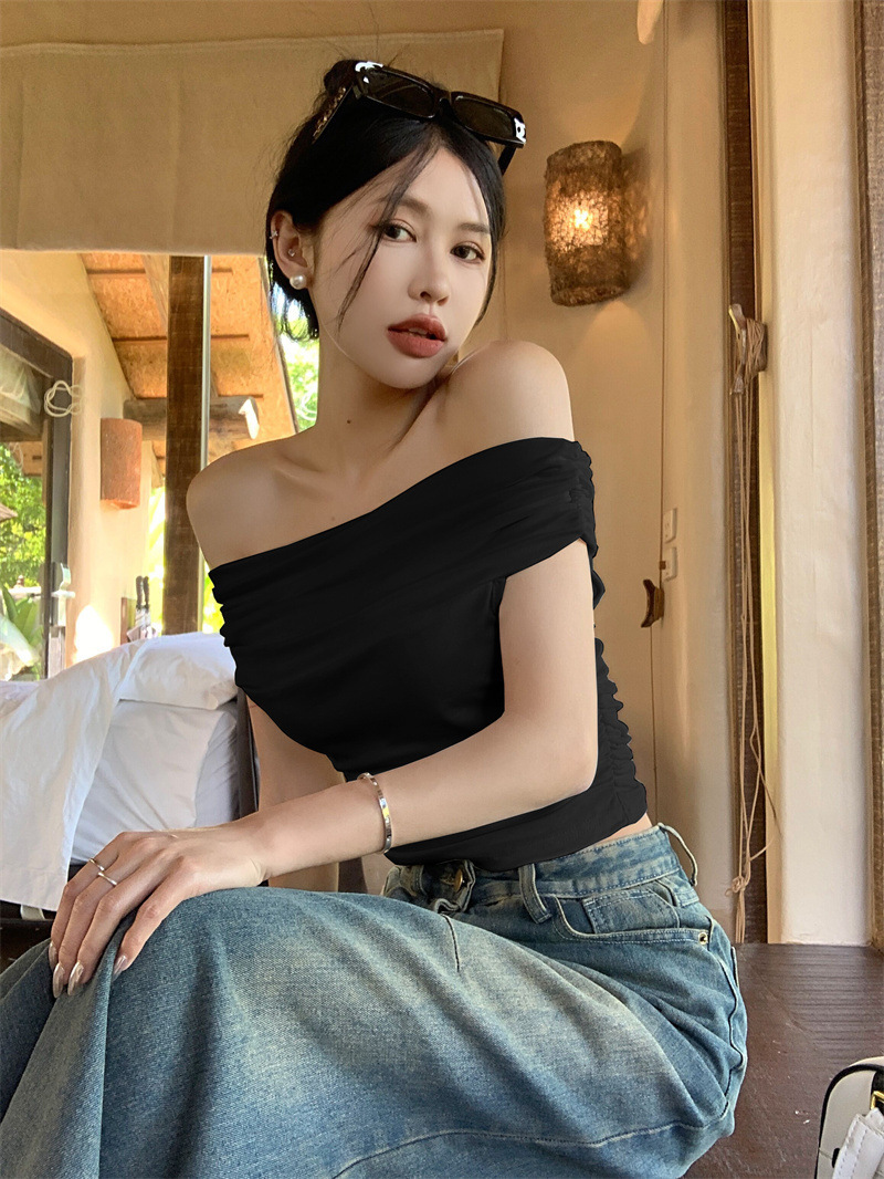 Ins 섹시한 순수한 욕망 오프 숄더 원 라인 칼라 반팔 티셔츠 여성 여름 슬리밍 핫 소녀 패션 바닥 탑 여성