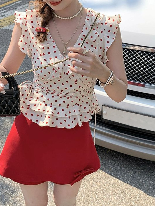 Acaie ショートスモールフライングスリーブ V ネック水玉トップスカートスーツ女性の夏のフレンチスタイル 2 点セット|undefined