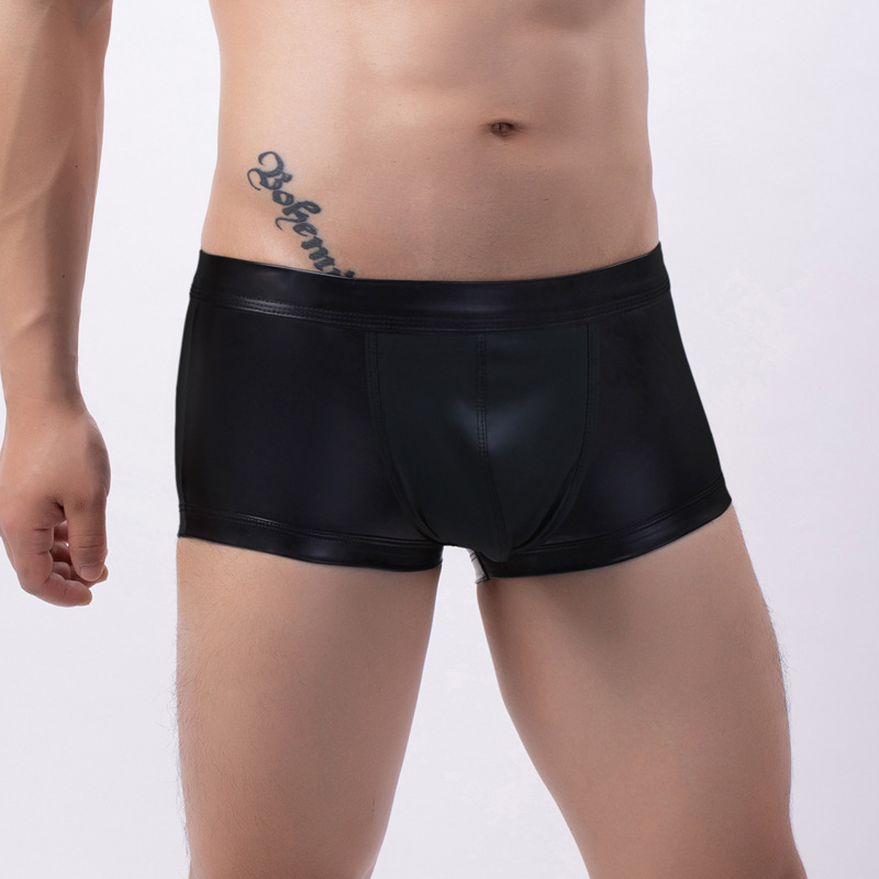 Sexy transfronterizo de gran tamaño nuevo estilo imitación de cuero atrás calzoncillos tipo bóxer huecos transpirables de cintura baja calzoncillos Men Boxer