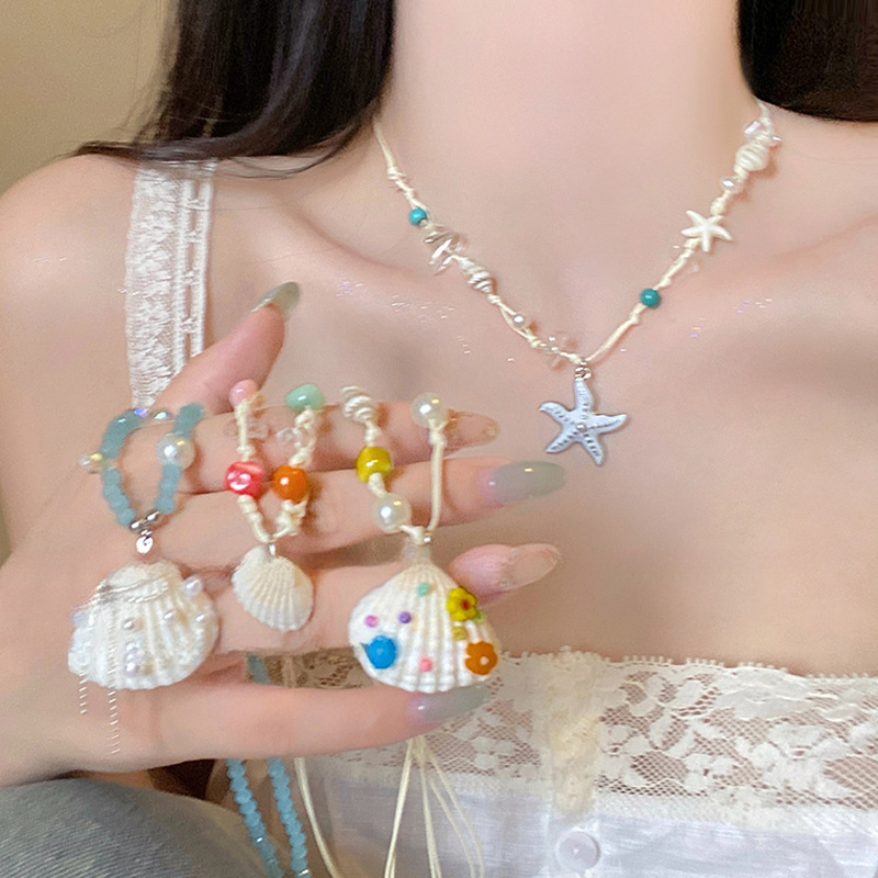 Cuerda de cera, estrella de mar, concha, colgante de perlas, collar, verano, vacaciones, cadena de clavícula, temperamento fresco y dulce