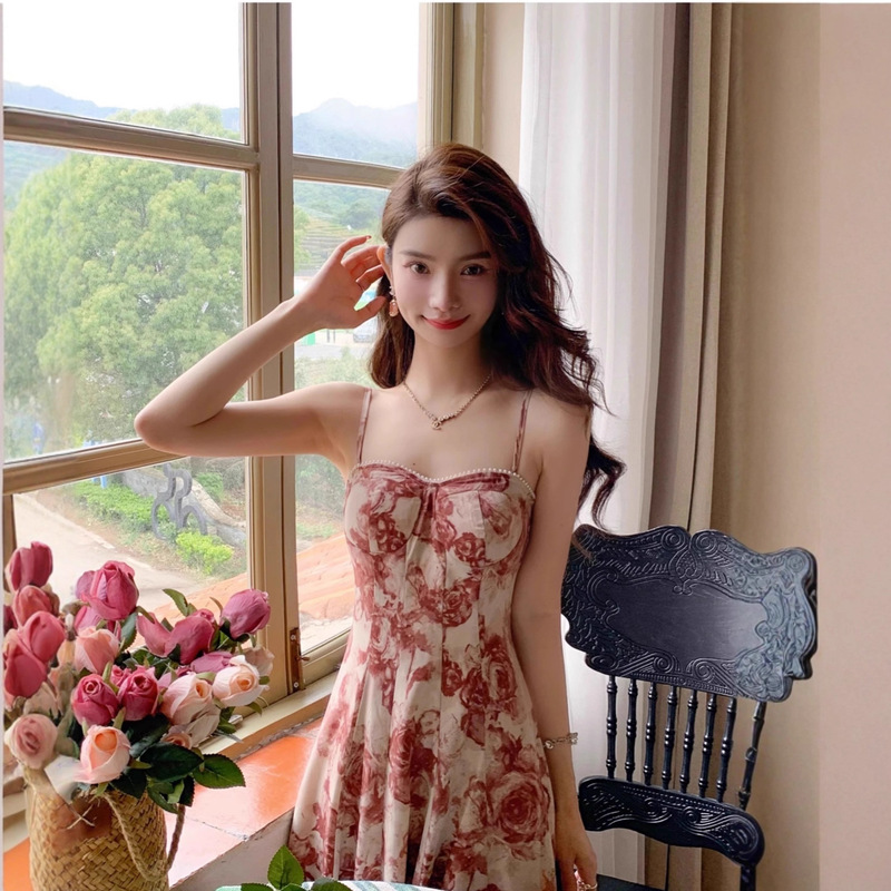 Internet Celebrity Ladylike Elegant High-End Suspender Skirt Suit Women's Spring & Fall French Waist Slimming Look Ink Rose Dress