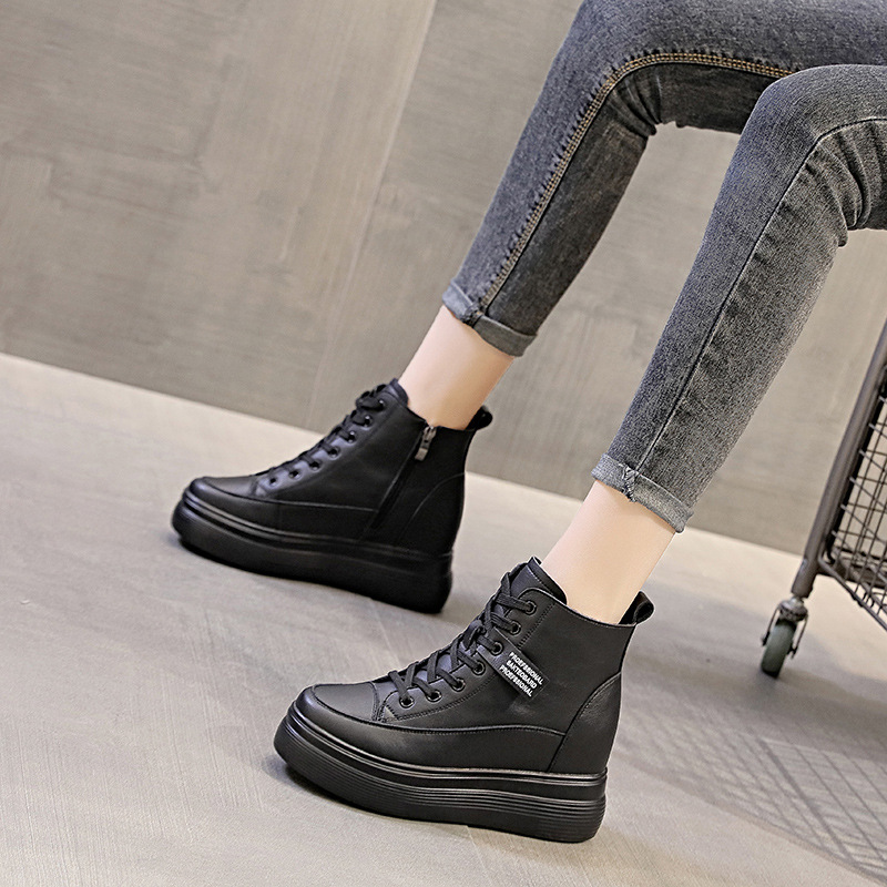 2025 New Autum Women's Inner Heightening Popular Versatile Non-Slip Short Boots Women's Thick-Soled Platform-Soled Casual High-Top Shoes