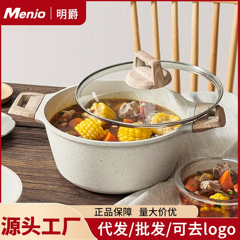 Суповая кастрюля Mingjue Maifan камень без масла 24 см/28 см с стеклянной крышкой и деревянными ручками, пригодна для прямого нагрева