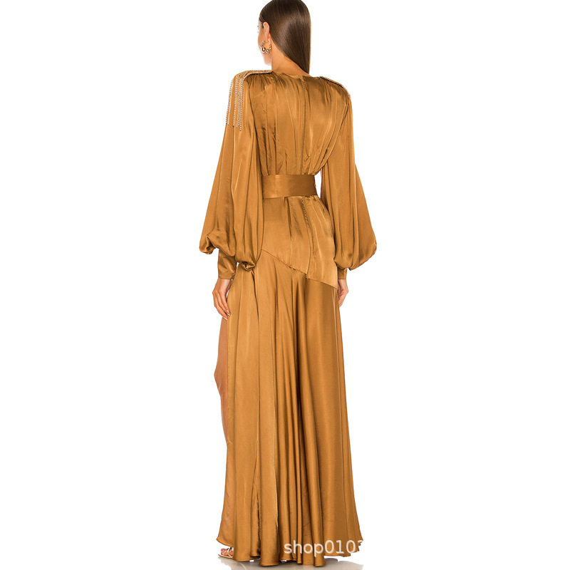 Cross-Border Women's Deep V-Shoulder Decorative Tassel Horn Sleeve High-End Evening Dress with Split Bottom Elegant Long dress