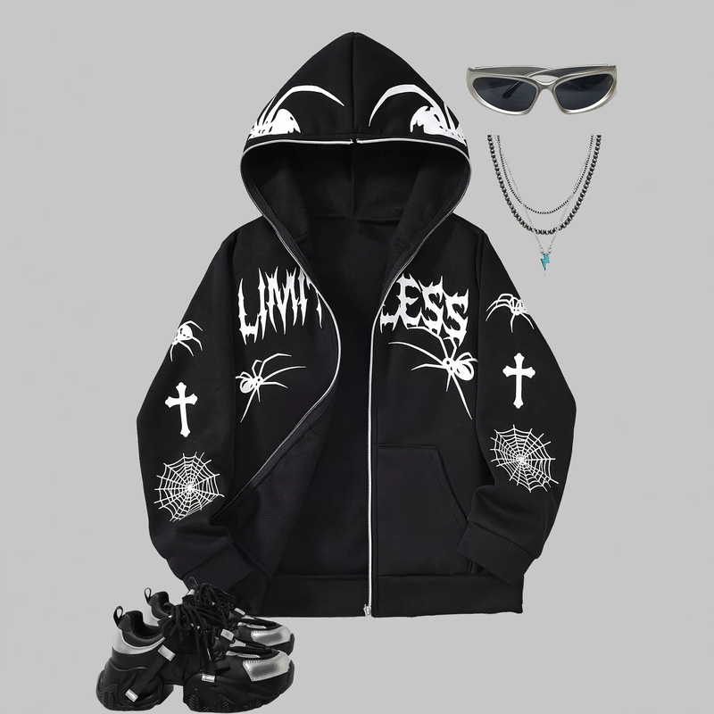 Soly Hux Cross-Border Men's Graphic Zip-Up Hooded Sweatshirt with Drawstring Long Sleeves Casual Streetwear Sweatshirt
