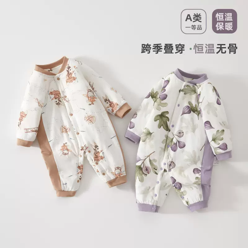 婴儿连体衣恒温夹棉保暖秋冬季男女宝宝薄棉衣新生儿衣服外出冬装
