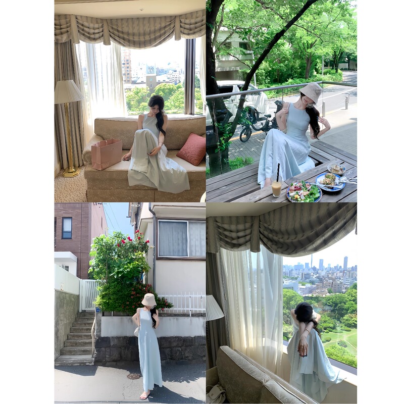白水女素素美女感无袖背心连衣裙女冰蓝色韩系高级感温柔修身裙子|undefined