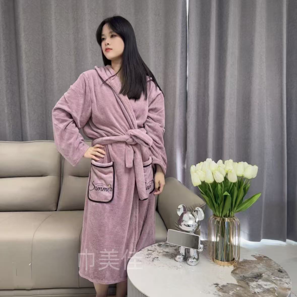 long coral velvet soft bathrobe for men and women