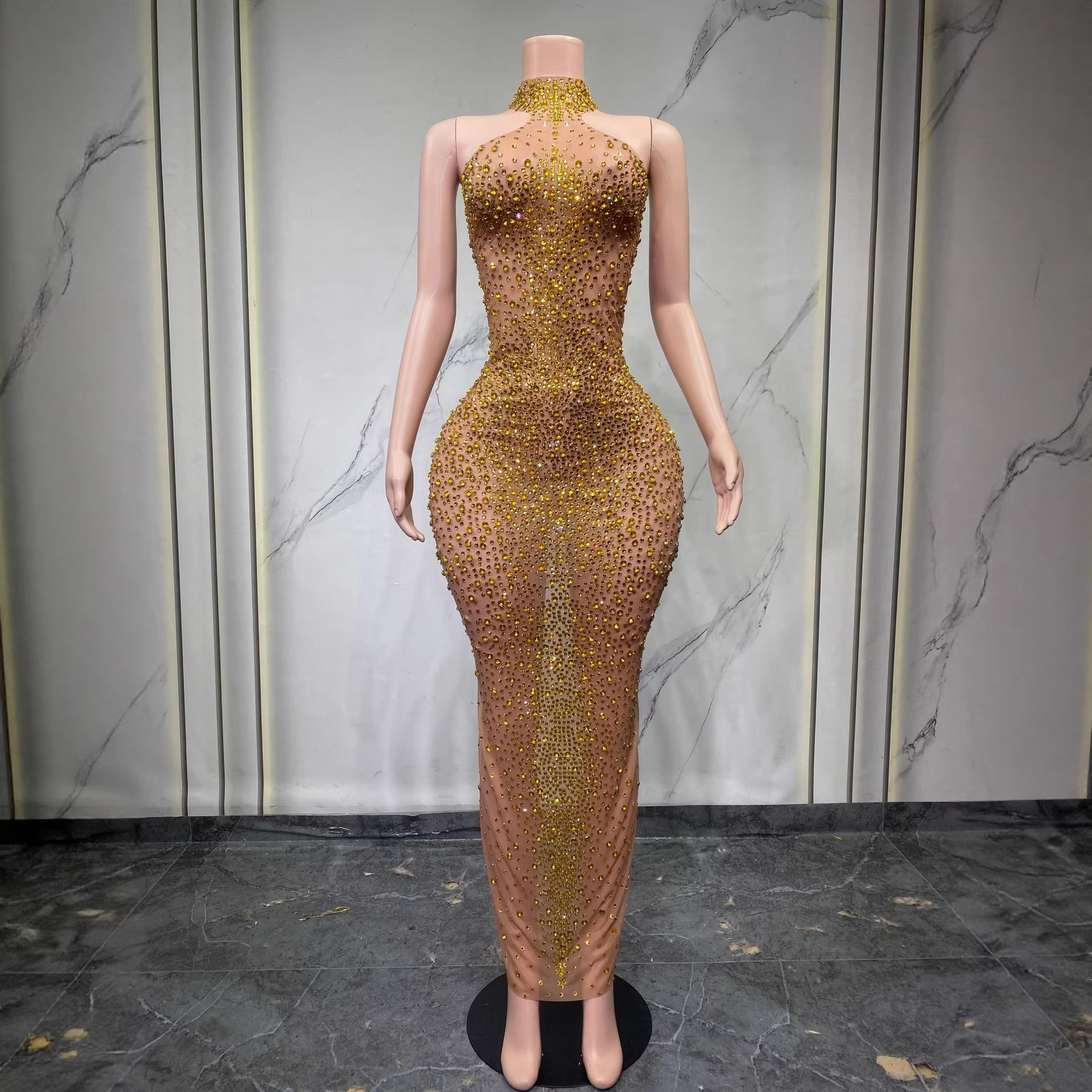 Extra-long sleeve crystal jumpsuit, pole dance tight-fitting mesh bodysuit, stage performance costume, sexy party outfit for women