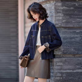 26新款复古短款牛仔外套女春秋宽松立领金线拼接做旧夹克高级感