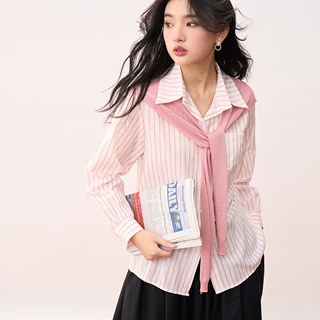 【盛都】26秋季新韩版法式少女粉色条纹衬衫披肩休闲宽松上衣女