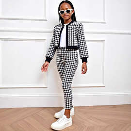 ZD22002 跨境外贸 女童春秋款 女童千鸟格复古格仔夹克套装