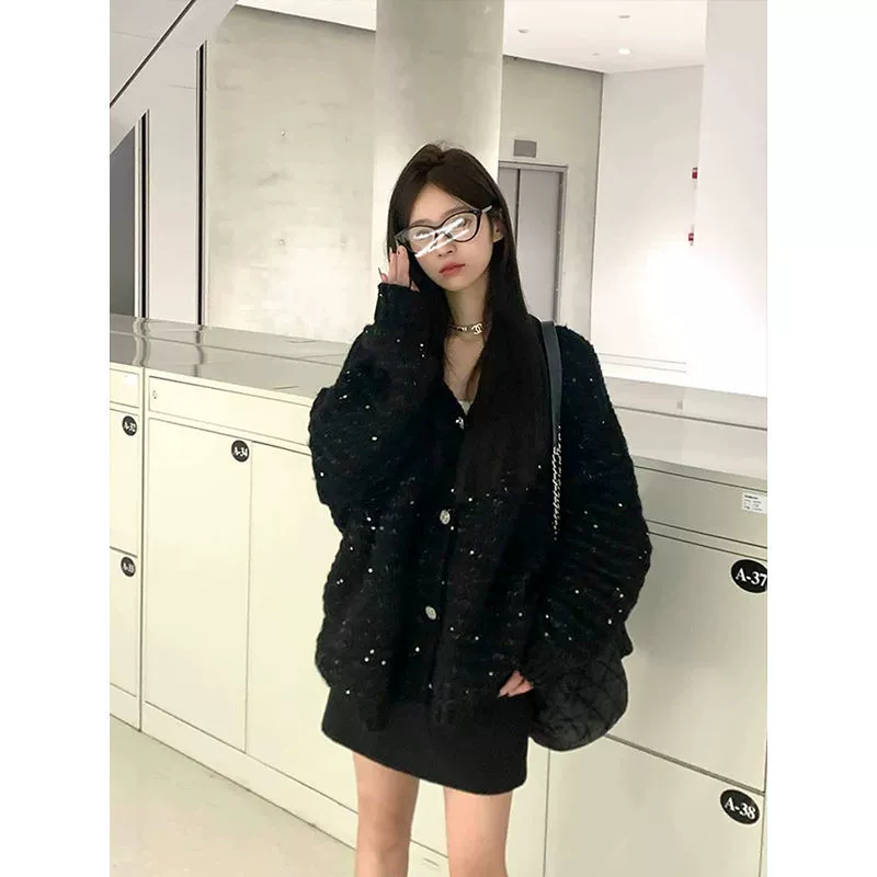 Старые деньги разделили блестящий дизайн V-образный трикотажный кардиган толстый маленький ароматный ленивый свитер куртка