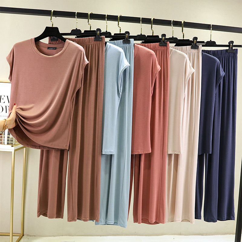 Summer New Modal Korean Style Casual T-Shirt Wide-Leg Pants Women's Set Loose Plus-Size Straight-Leg Loungewear Set Summer New Modal Korean Style Casual T-Shirt Wide-Leg Pants Women's Set Loose Plus-Size Straight-Leg Loungewear Set