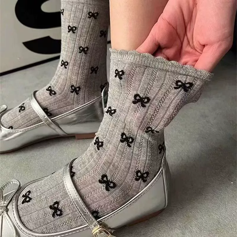 Летние тонкие колготки до колена с бантом, до mid длины
