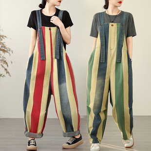 New Real Shot Casual plus size Printed Striped Denim Cropped Belt Pants for Women