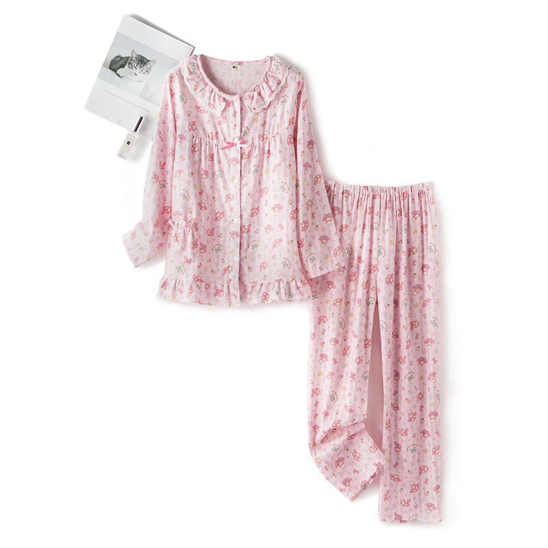 Girls Spring and Summer Pure Cotton Double-Layer Gauze Long and Short-Sleeved Pants Pajamas Set New Cute Home Clothes Wholesale