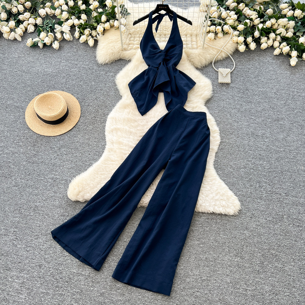 Women's Luxury Commuter Style Halter Vest Wide Leg Pants Two Piece Set Slimming Stylish Backless Summer Outfit_ecoleips.com