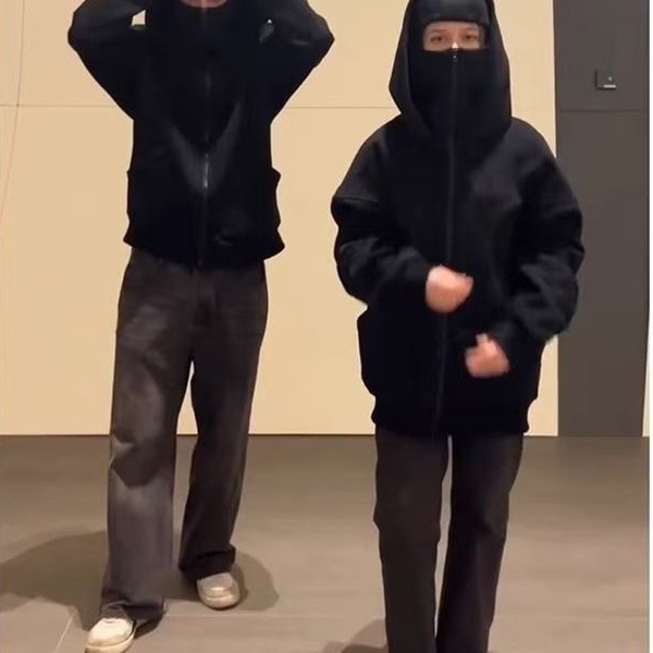 黒ロシア風ダブルキャップバンディットスウェットシャツメンズ秋冬ヘビーデニムパーカークリーンフィットカップル厚手コート