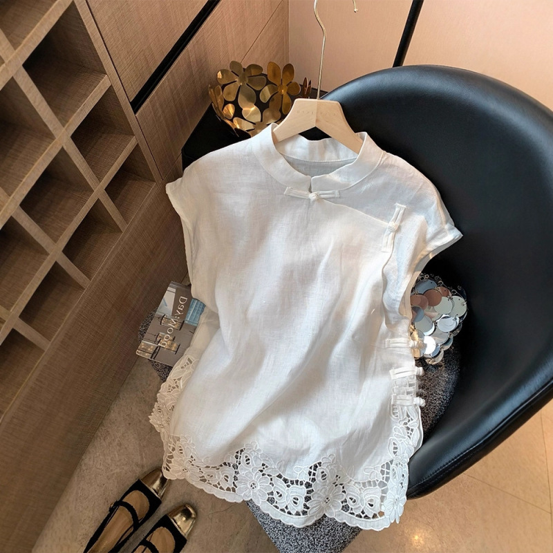 New Chinese-Style Diagonal Collar Hollow-Out Embroidered Linen Sleeveless Shirt for Women, 2025 Summer New Fashionable Versatile Outerwear Vest