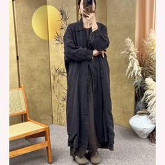 2025春季新款 复古风炒色做旧亚麻风衣纯色长款文艺气质外套女